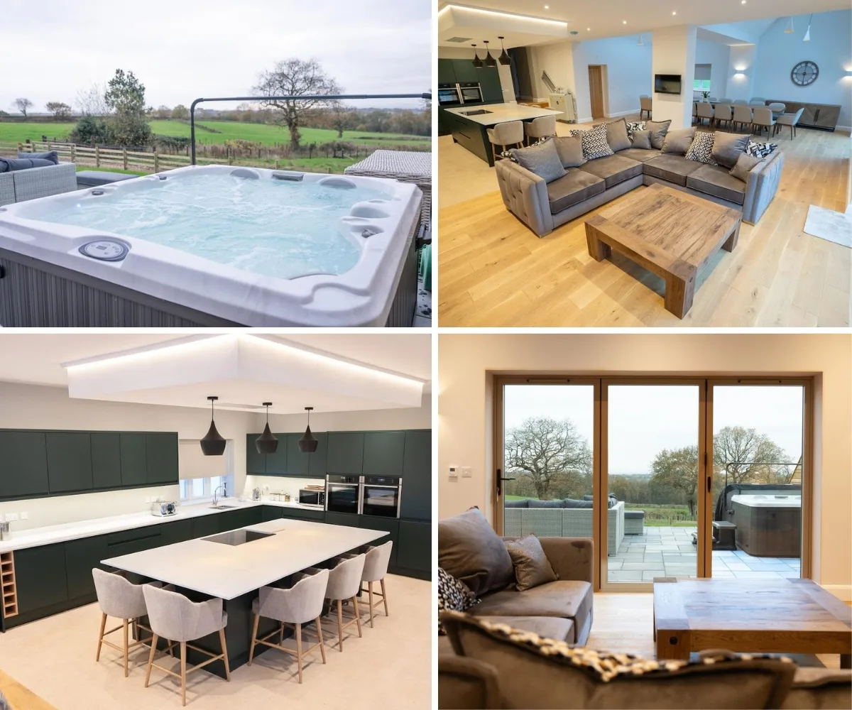 Luxury rented accommodation Birmingham Grange House with hot tub, dining tables, sofas and full house amenities.
